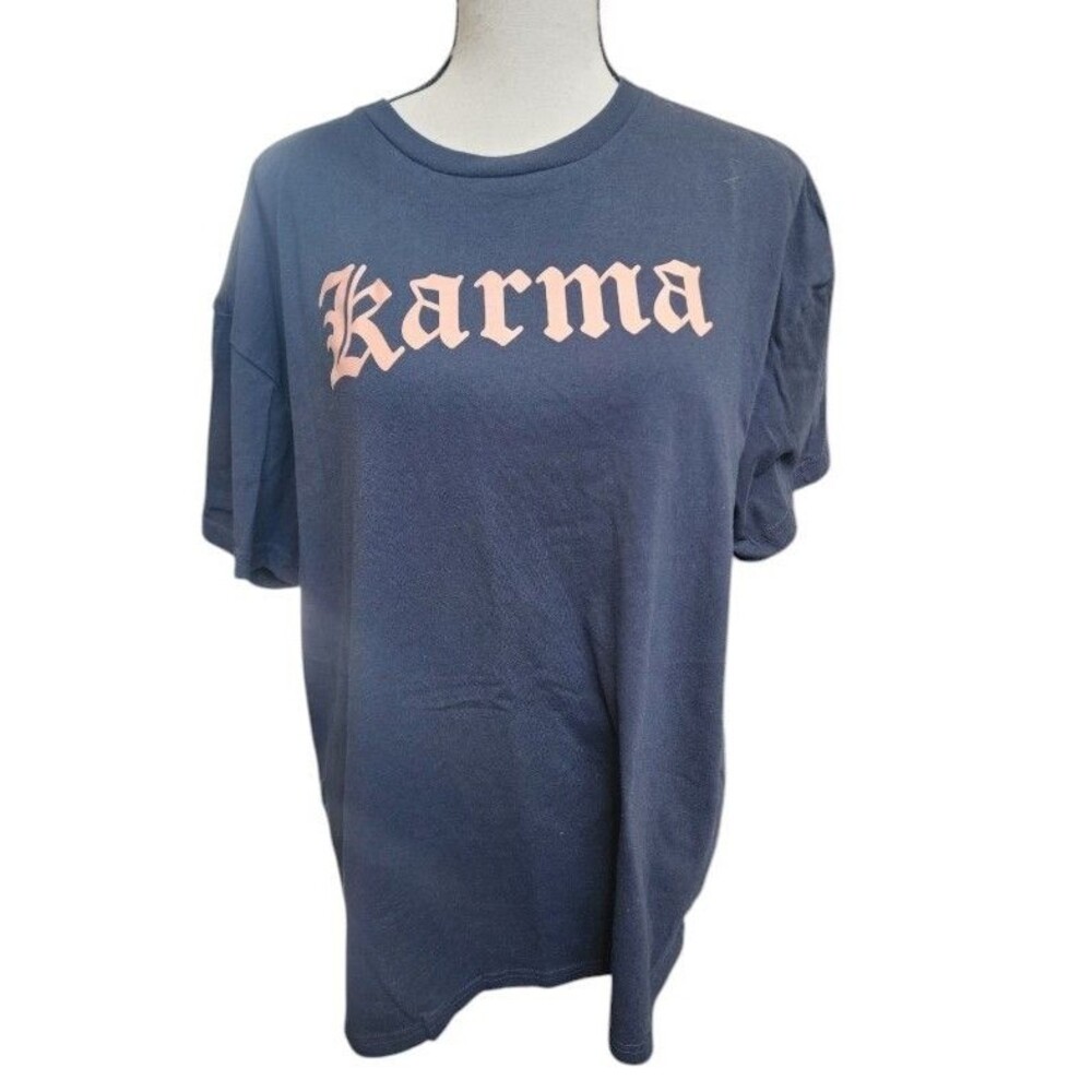 KARMA Deep Navy Blue Graphic T-Shirt Size Large Made in Egypt